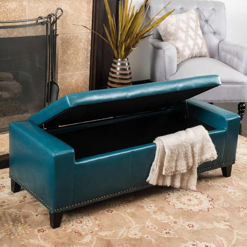 Studded Teal Leather Storage Ottoman Bench - NH167692
