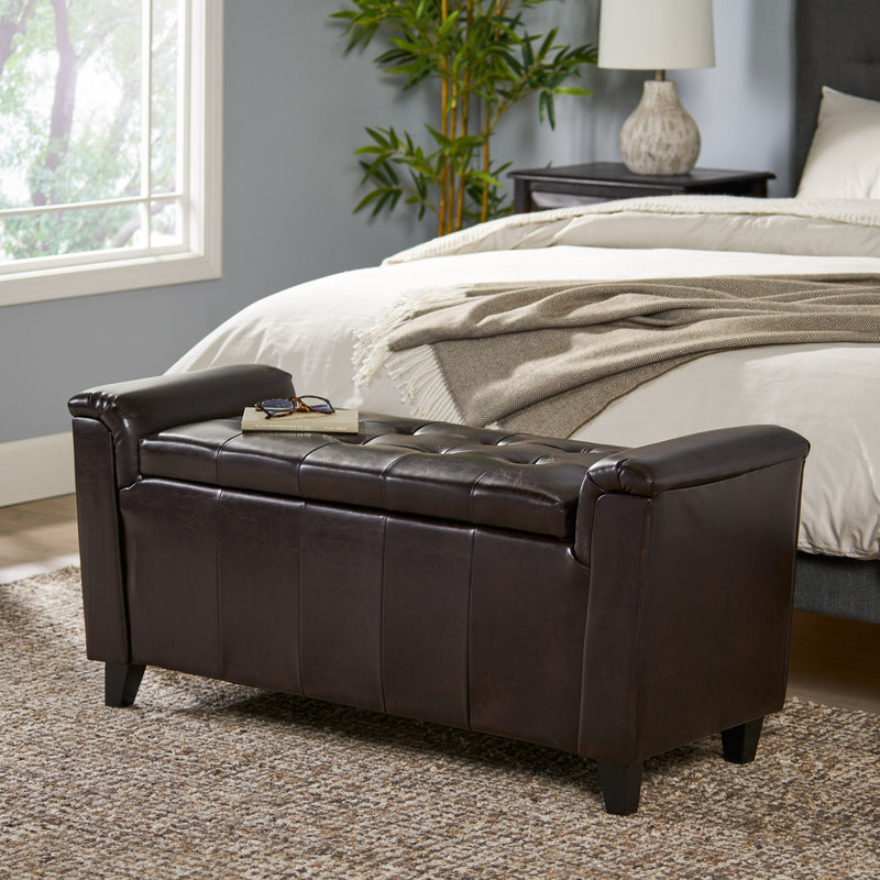 Brown Tufted Leather Armed Storage Ottoman Bench - NH367692