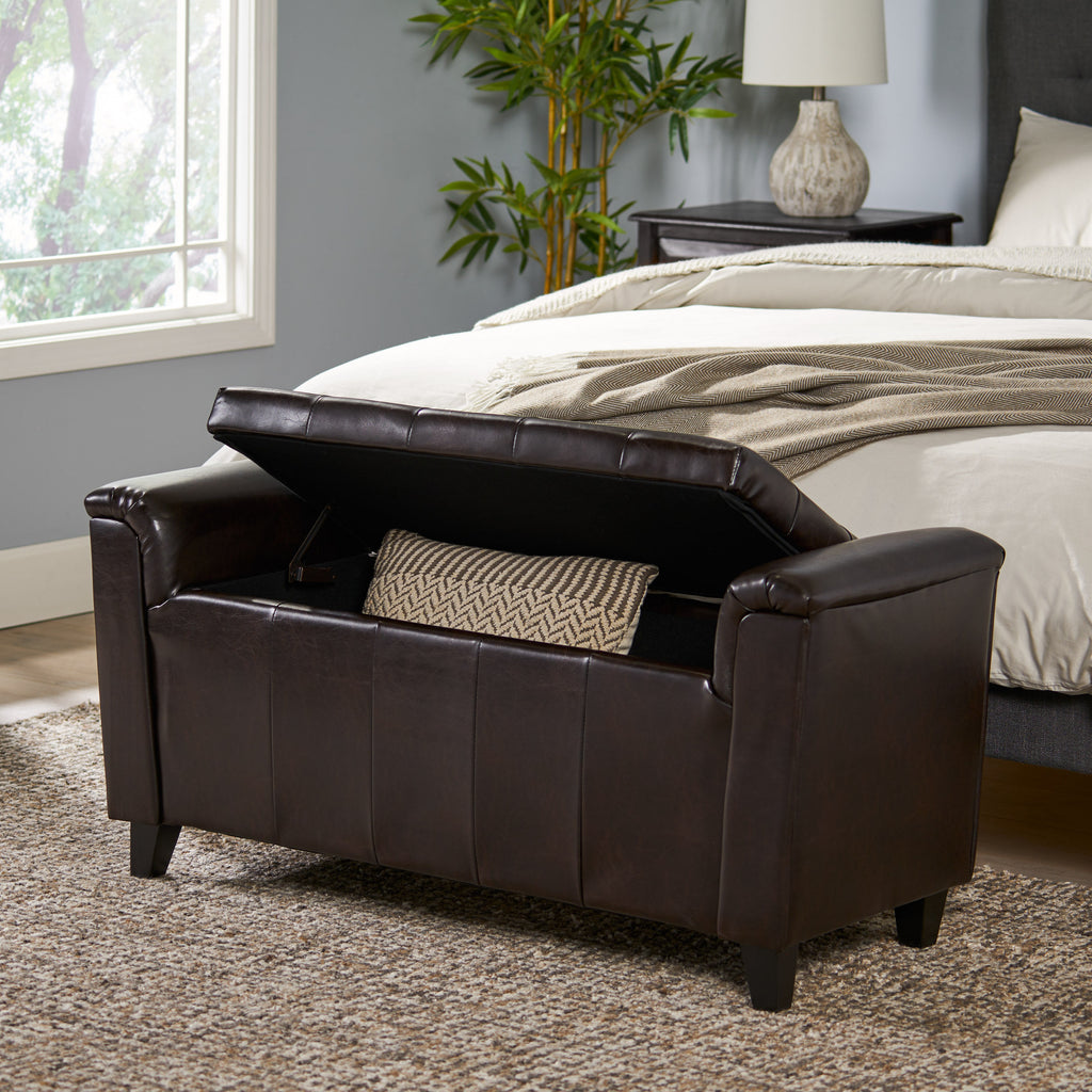 Brown Tufted Leather Armed Storage Ottoman Bench NH367692 Noble