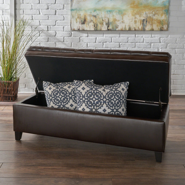 Button Tufted Brown Faux Leather Storage Ottoman - NH568692