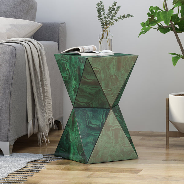 Tempered Glass Hourglass Side Table, Malachite Finish - NH512903