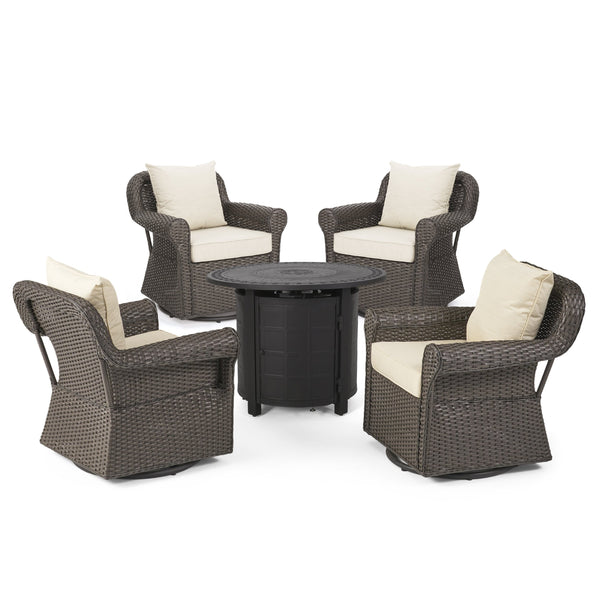 Outdoor 4 Seater Wicker Swivel Chair and Fire Pit Set - NH279213