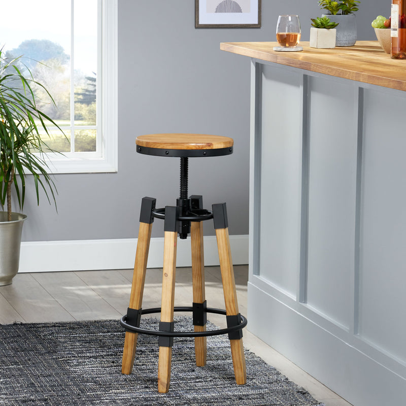 Modern Industrial Antique Firwood Adjustable Barstool with Iron Accents - NH139892