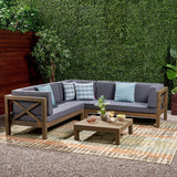 Outdoor 4 Piece V-Shaped Acacia Wood Sectional Sofa and Coffee Table Set - NH121992