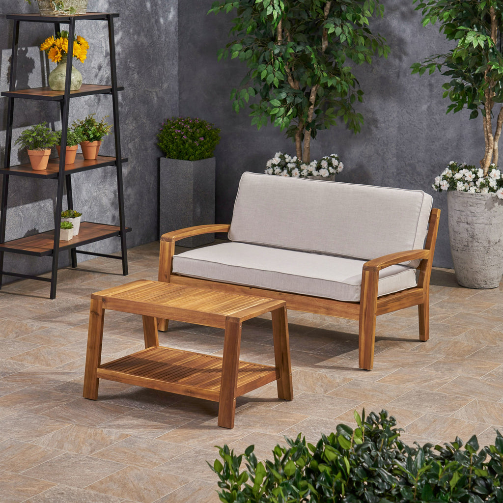 Outdoor Acacia Wood Loveseat and Coffee Table Set with Sunbrella Cushi