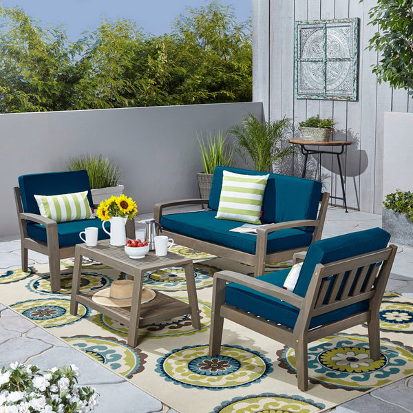 Patio Acacia Wood 4-Seater Conversation Set with Coffee Table and Cushions - NH762703