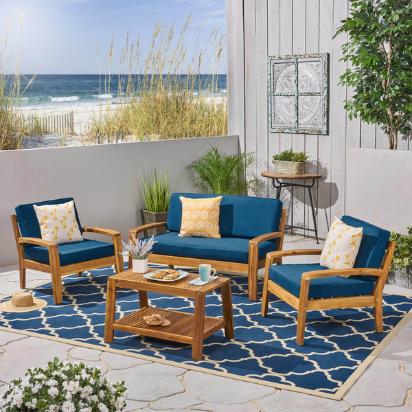 Patio Acacia Wood 4-Seater Conversation Set with Coffee Table and Cushions - NH762703