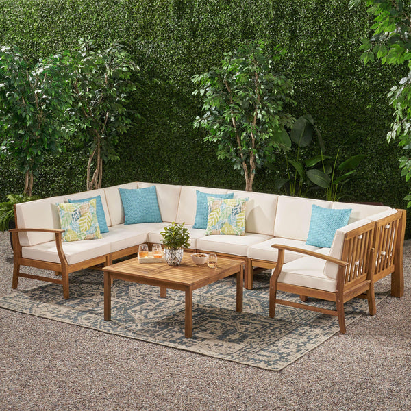 Outdoor 8 Seat Teak Finished Acacia Wood Sectional Sofa and Table Set - NH027303