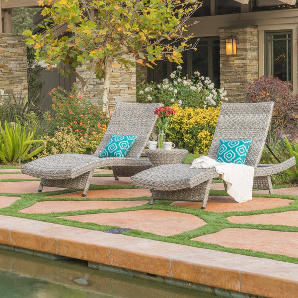 Outdoor Grey Wicker Chaise Lounge (Set of 2) with Grey Wicker Table - NH338992