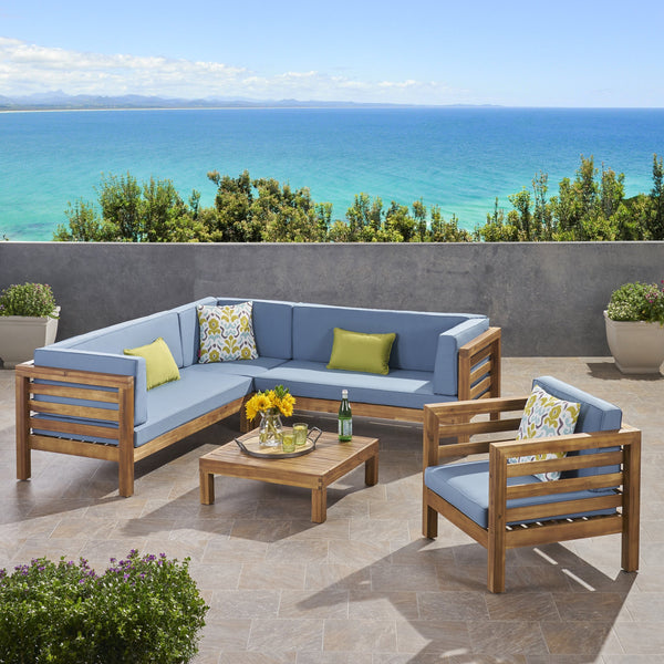 Outdoor 6 Seater Acacia Wood Sectional Sofa and Club Chair Set - NH474803