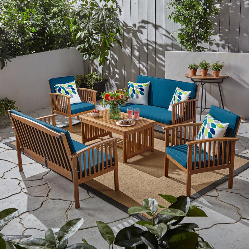 Outdoor Acacia Wood 6 Seater Conversation Set with Coffee Table - NH476603