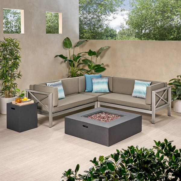 Outdoor Modern 5 Seater V-Shaped Sectional Sofa Set with Fire Pit and Tank Holder - NH307113