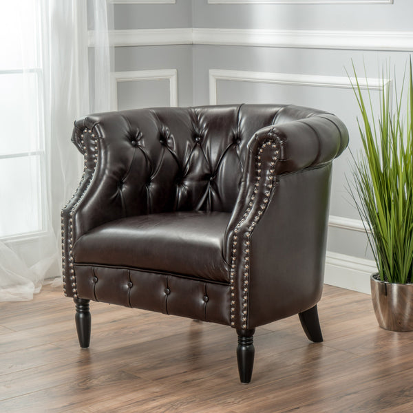 Rolled Back Button Tufted Leather Tub Design Club Chair - NH674992