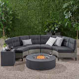 Outdoor 6 Piece Mixed Black Wicker Half Round Sofa Set with Dark Grey Fire Table - NH288992