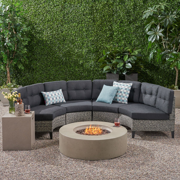 Outdoor 6 Piece Mixed Black Wicker Half Round Sofa Set with Light Grey Fire Table - NH388992