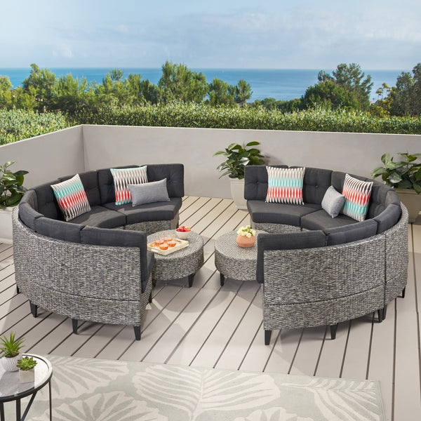 Outdoor 10 Piece Mixed Black Wicker Sofa Set with Dark Grey Water Resistant Fabric Cushions - NH516992