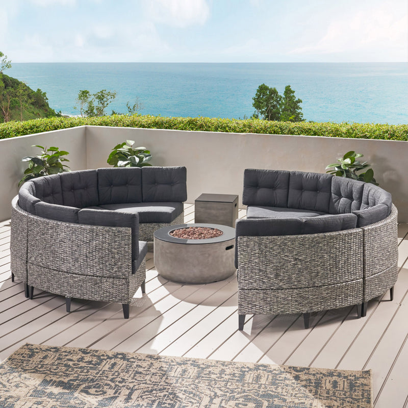 Outdoor Round 8 Seater Wicker Sectional Set with Fire Pit and Tank Holder - NH764113