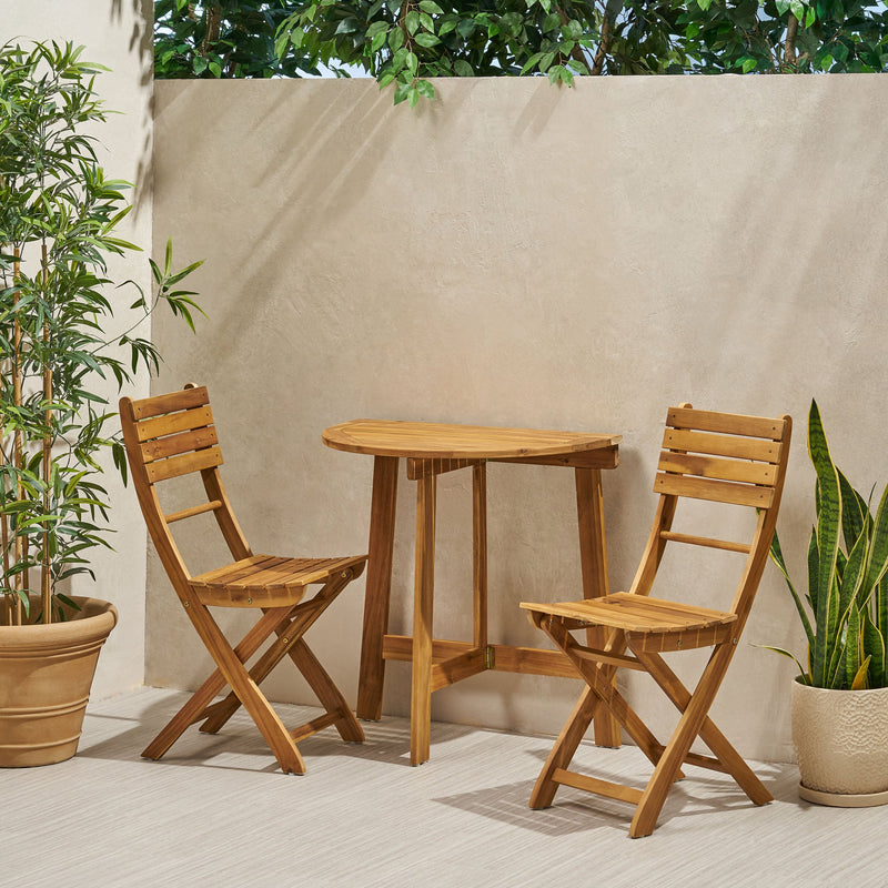 Outdoor 2 Seater Half-Round Acacia Wood Bistro Table Set with Folding Chairs - NH818903