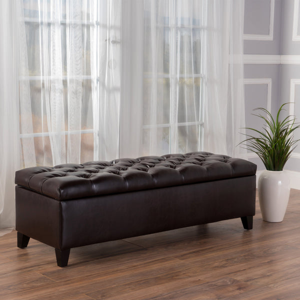 Button-Tufted Leather Storage Ottoman Bench - NH283992