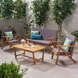 4 Pc Outdoor Natural Wood Finish Chat Set w/ Water Resistant Cushion - NH152003