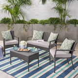 Outdoor Wicker 4 Seater Chat Set, Grey with Silver Cushions - NH358403