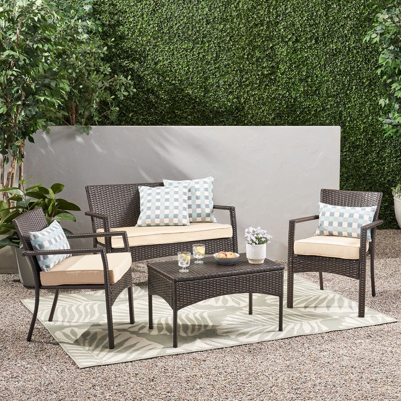 Outdoor 4 Piece Multi-brown Wicker Chat Set with Dark Cream Water Resistant Fabric Cushions - NH967992