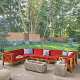 Outdoor Acacia Wood 8 Seater U-Shaped Sectional Sofa Set with Fire Pit - NH057603