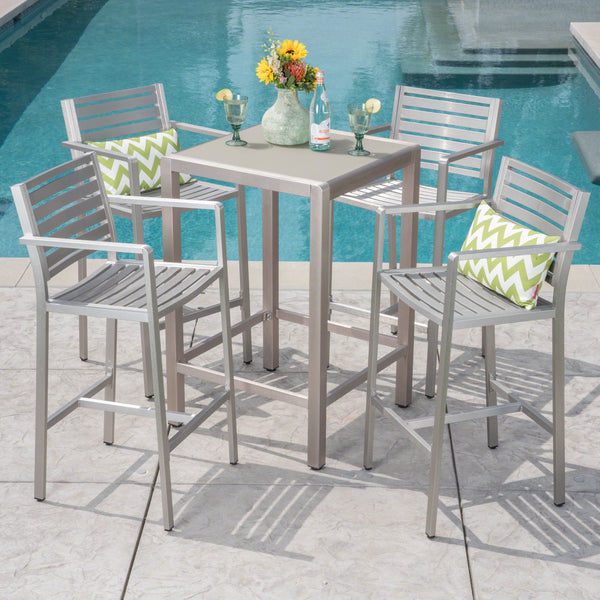 Outdoor 5 Piece Silver Rust-Proof Aluminum Bar Set with Grey Tempered Glass Top Bar Table - NH562403