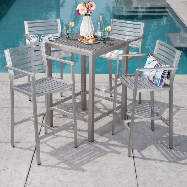 Outdoor 5 Piece Silver Rust-Proof Aluminum Bar Set with Grey Wicker Top Bar Table - NH462403