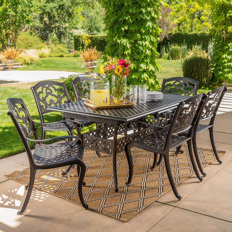 Outdoor 7 Pc Cast Aluminum Dining Set with Extension Leaf - NH976003
