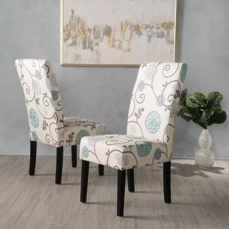 White and Blue Floral Fabric Dining Chair, Set of 2 - NH844992