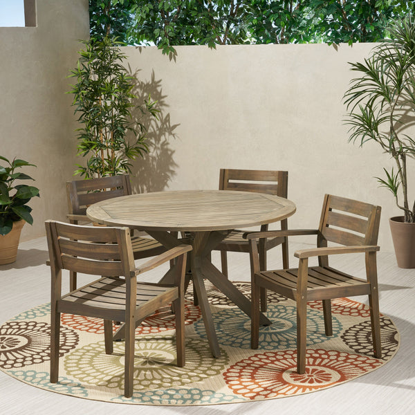 Outdoor 5 Piece Acacia Wood Dining Set with Round Table, Gray Finish - NH385503