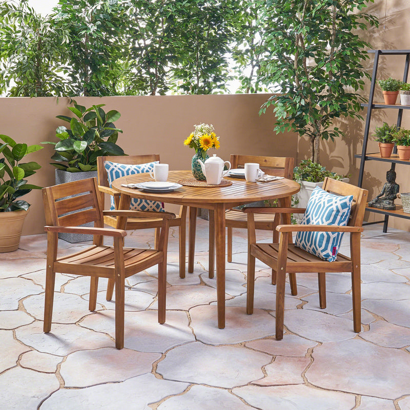 Outdoor 5 Piece Teak Acacia Wood Slatted Dining Set with Circular Table - NH703503