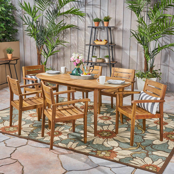 Patio Dining Set, 71" 6-Seater, Oval Table, Acacia Wood with Teak Finish - NH435703