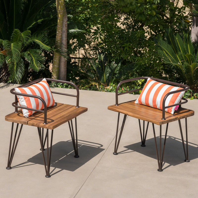 Outdoor Rustic Industrial Acacia Wood Chairs with Metal Hairpin Legs (Set of 2), Teak - NH451403