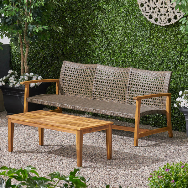 Outdoor Wood and Wicker Sofa and Coffee Table Set - NH241803
