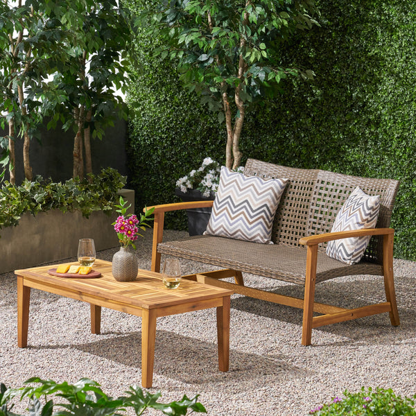 Outdoor Wood and Wicker Loveseat and Coffee Table Set - NH931803