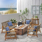 Outdoor 6-Seater Wood and Wicker Chat Set with Fire Pit - NH418703