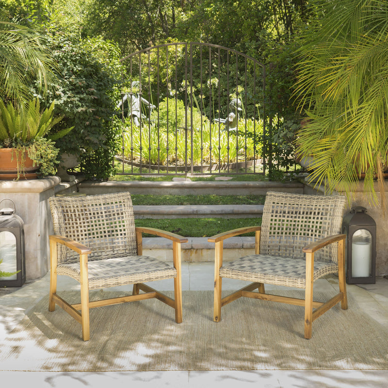 Outdoor Mid Century Acacia Wood Frame Wicker Club Chairs (Set of 2) - NH124103