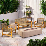 Outdoor 5 Piece Wood and Wicker Chat Set with Fire Pit - NH261803