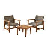 Outdoor 3 Piece Wood and Wicker Club Chairs and Side Table Set - NH541803