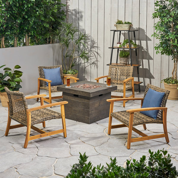 Outdoor 5 Piece Wood and Wicker Club Chairs and Fire Pit Set - NH651803