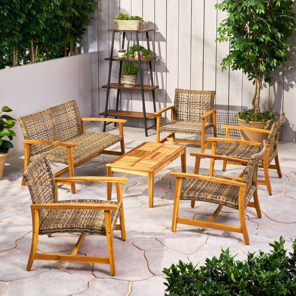 Outdoor 6 Piece Wood and Wicker Chat Set - NH571803