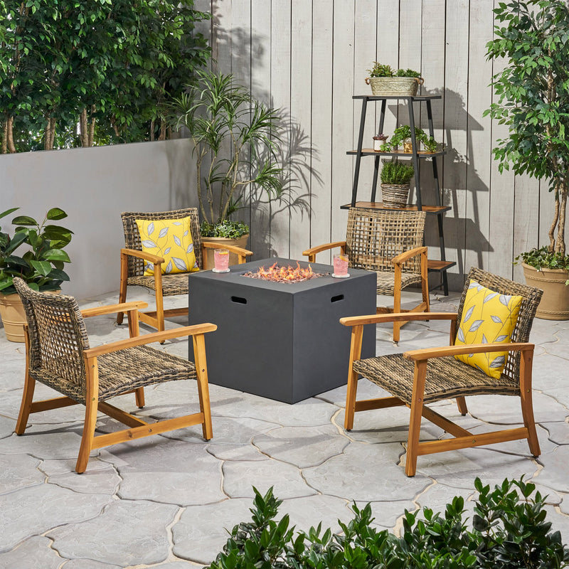 Outdoor 5 Piece Wood and Wicker Club Chairs and Fire Pit Set - NH051803