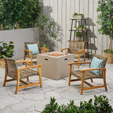 Outdoor 5 Piece Wood and Wicker Club Chairs and Fire Pit Set - NH051803