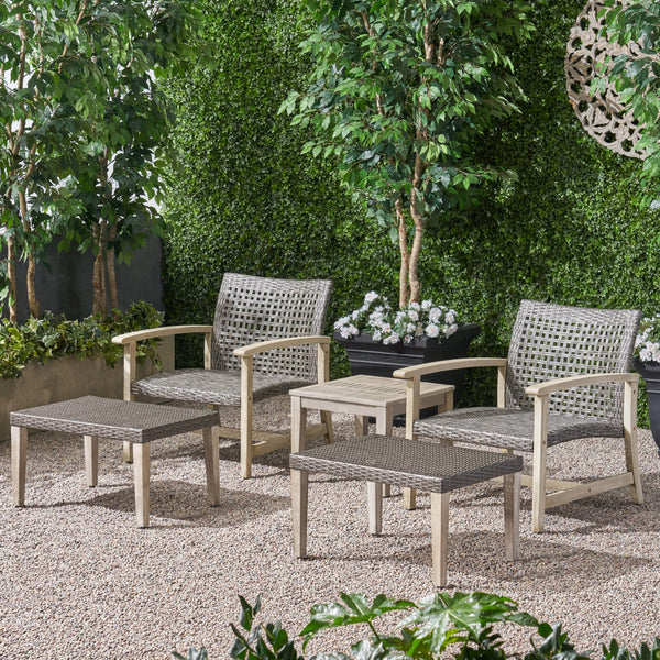 Outdoor 5 Piece Wood and Wicker Club Chair and Ottoman Set - NH751803