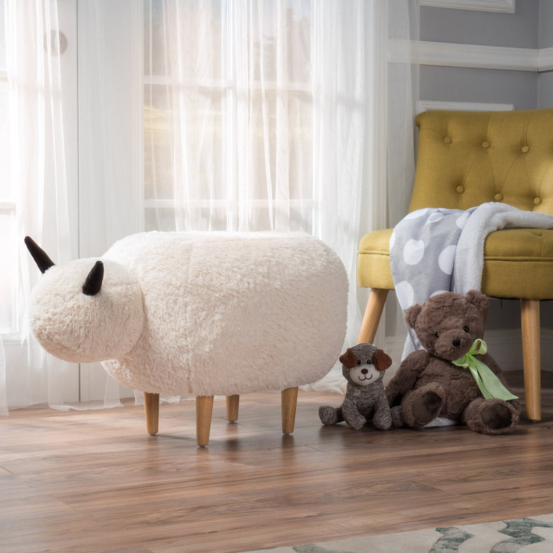 Modern White Faux Fur Sheep Ottoman with Tapered Wood Legs - NH187992