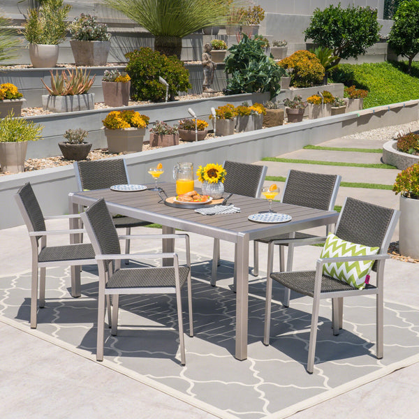 Outdoor 7 Piece Aluminum and Wicker Dining Set with Faux Wood Table Top - NH834503
