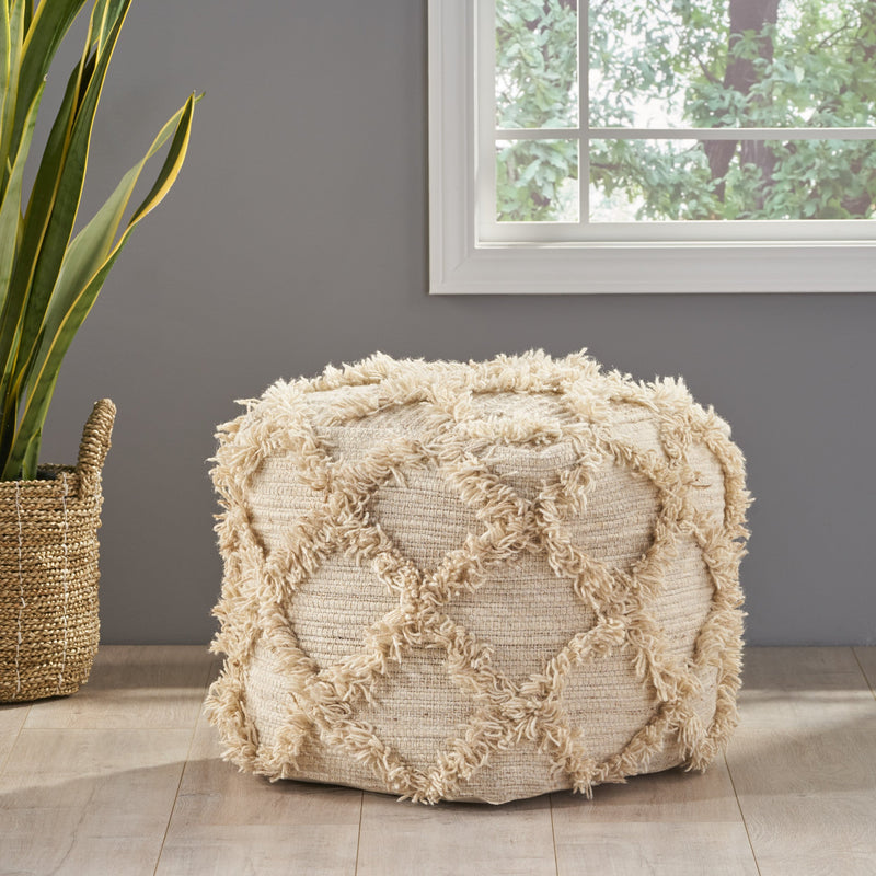 Boho Artisan Hand Woven Wool and Cotton Cube Pouf - NH776992