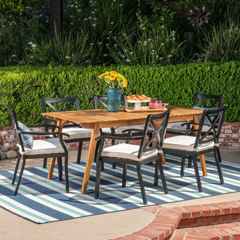 Outdoor 7 Piece Acacia Wood and Aluminum Dining Set, Teak and Black with Ivory Cushions - NH837403